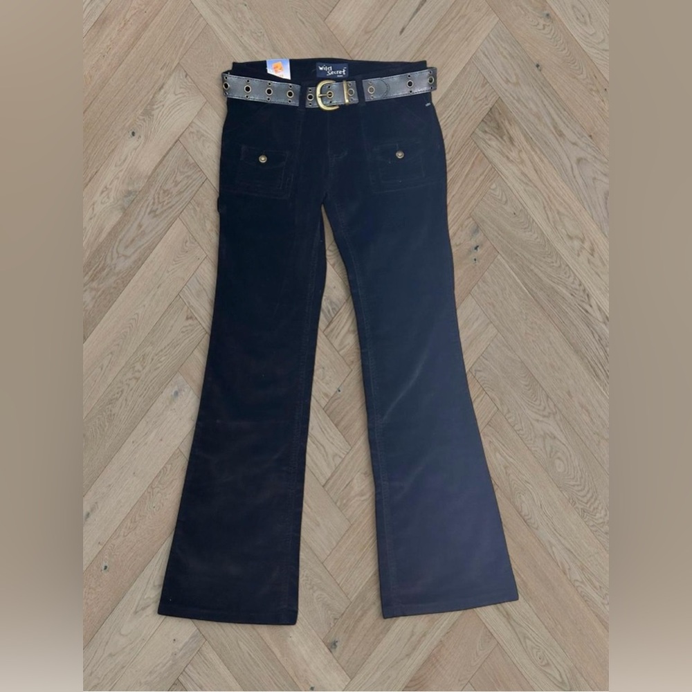 Y2K Black Corduroy Flared Pants with Belt Dead Stock